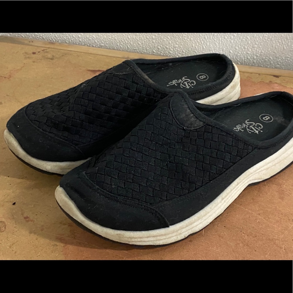 City Sneaks Black Woven Slide On Mules Shoes